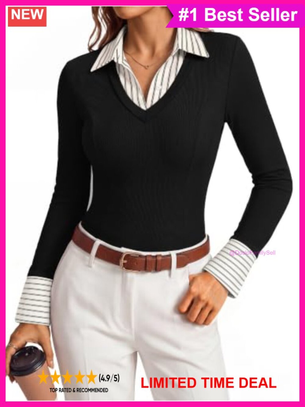 Fitted Knit Polo Shirt V-Neck Long Sleeve Business Casual Striped
